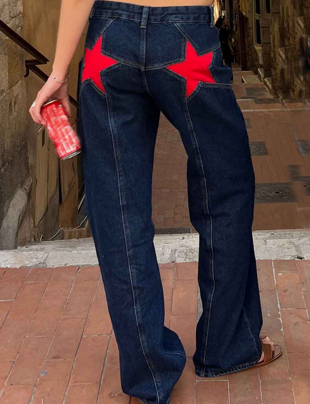 Trendy Color Contrast Splicing Star Denim Pants