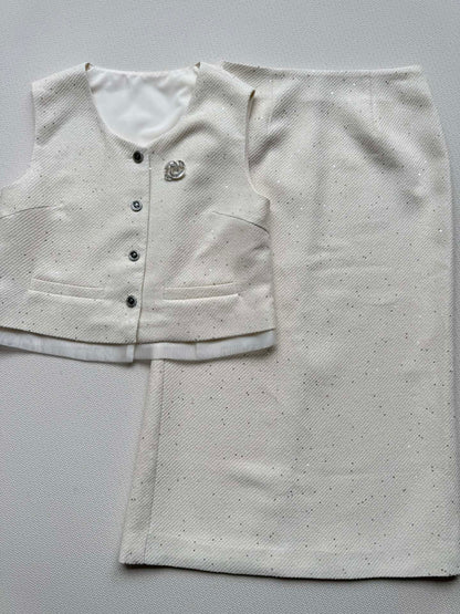 CC Vest & Line Skirt Set White Wool-Blend Tweed 352978