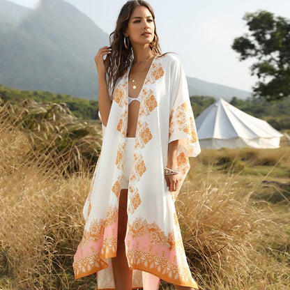 Women'S Flower Printed Cardigan Loose Casual Beach Holiday Cover Up