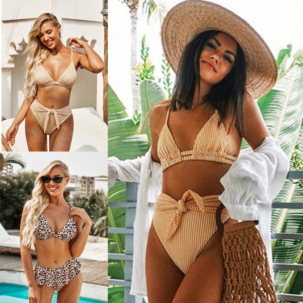 Bikini Top Stripe Print Split Swimsuit, Leopard Print Top Skirt Split Swimsuit
