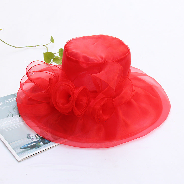 Summer Ougan Gauze Hat Fashion Hat Women'S Flower Beach Sun Hat Big Brim Face Shield Sun Hat
