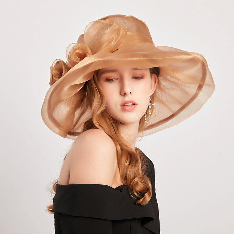 Summer Ougan Gauze Hat Fashion Hat Women'S Flower Beach Sun Hat Big Brim Face Shield Sun Hat