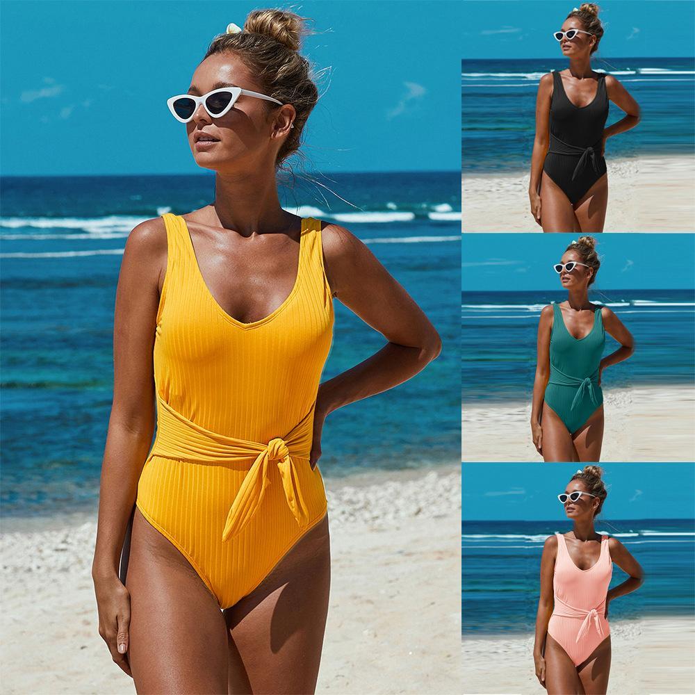 Fashionable Summer One-Piece Swimsuit Solid Color Knitted Triangle Swimsuit