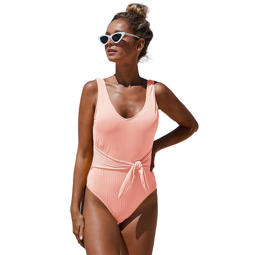 Fashionable Summer One-Piece Swimsuit Solid Color Knitted Triangle Swimsuit