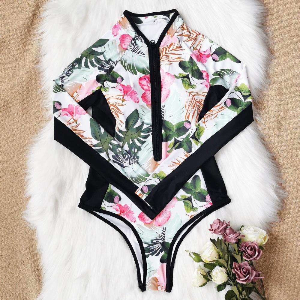 One Piece Wetsuit Swimsuit Women'S Sexy Sport Long Sleeve Printed Surf Swimsuit Monokini