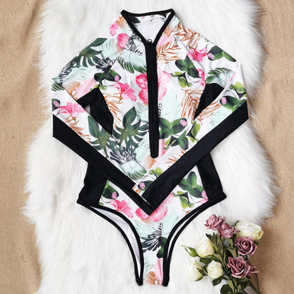 One Piece Wetsuit Swimsuit Women'S Sexy Sport Long Sleeve Printed Surf Swimsuit Monokini