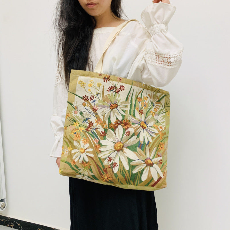 Vintage Floral Embroidered Knitted Shoulder Bag for Daily Use