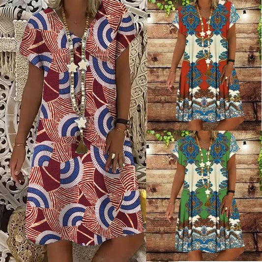 Summer New Short-Sleeved Printed Dress Mid-Length A-Line Skirt