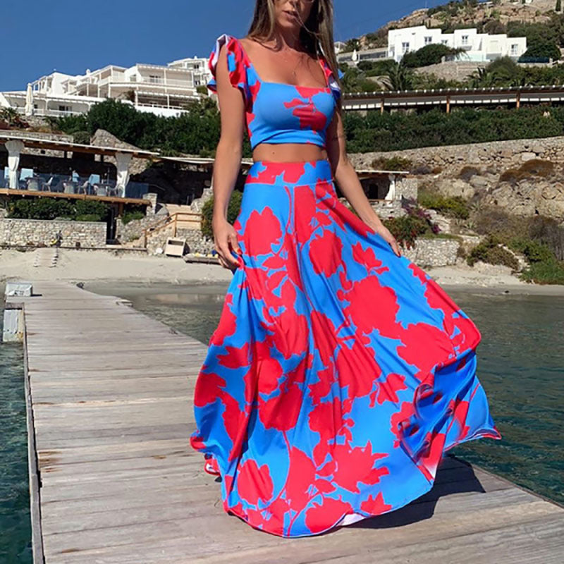 New Women'S Waist Top Fashion Sexy Dress Long Dress Two-Piece Set
