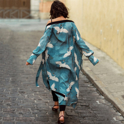 Crane Print Holiday Bikini Blouse Sexy Cardigan Sun Protection Shirt Loose Beach Blouse