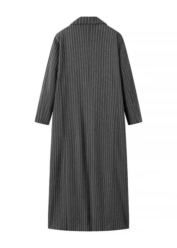 Long Woolen Coat Pinstripe Tailored Fit Gray