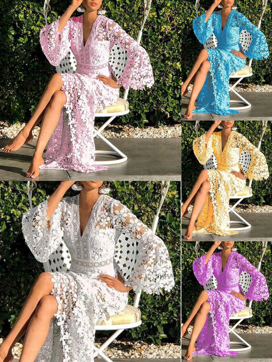 New Boho Women'S Sexy Backless Slim Lace Big Swing Long Dress