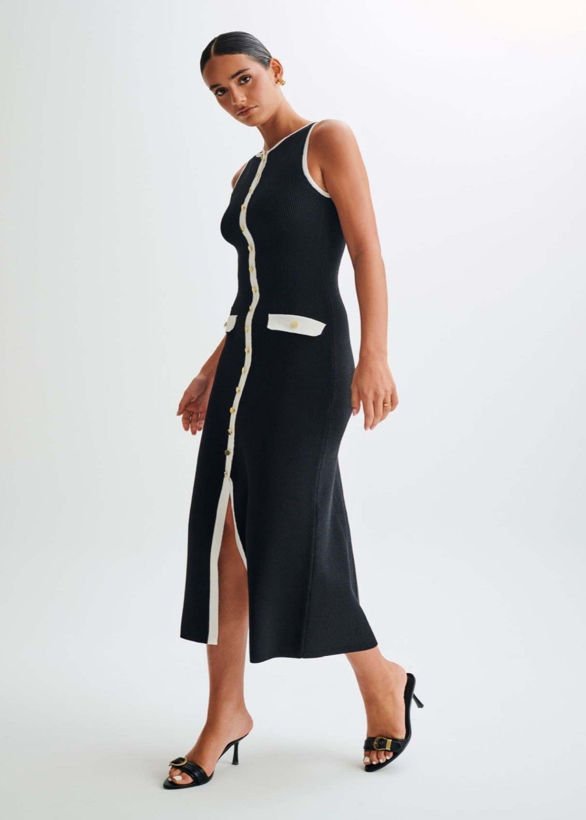 Contrast Trim Ribbed Knit Midi Dress