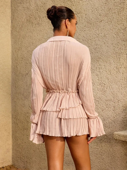 Hailey Pleated Lace-Trim Ruffled Mini Dresses In Pink