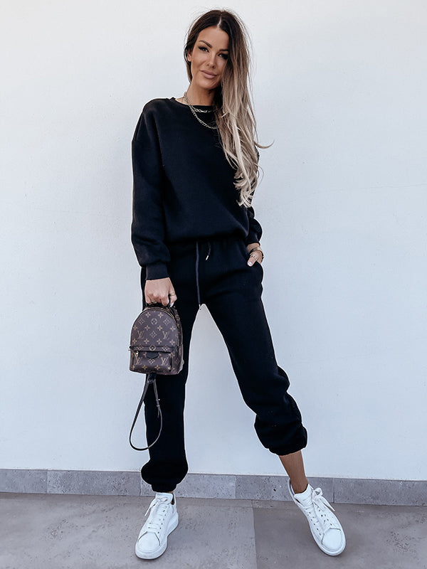 Solid Crew Neck Drawstring Sweatshirt & Pants Sport Suits