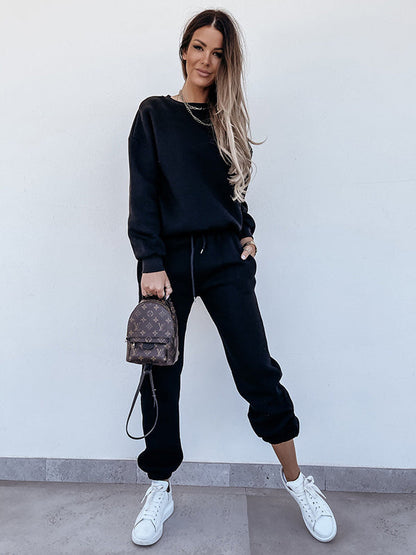 Solid Crew Neck Drawstring Sweatshirt & Pants Sport Suits