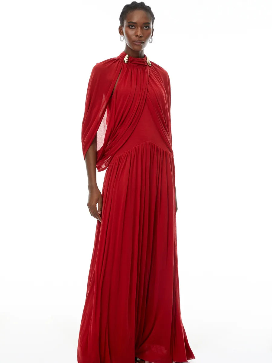 Makayla Cape Design Mesh Maxi Dress
