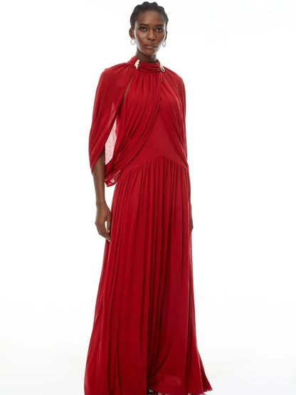Makayla Cape Design Mesh Maxi Dress