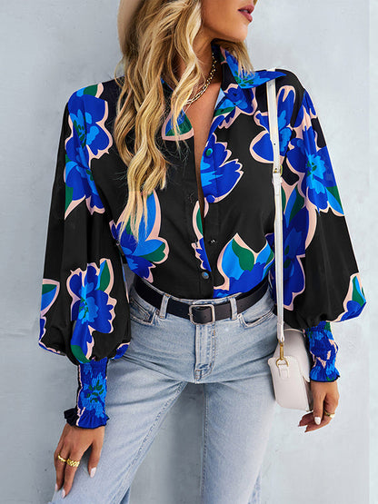 Long Sleeves Loose Buttoned Elasticity Flower Print Polo Blouses&Shirts Tops