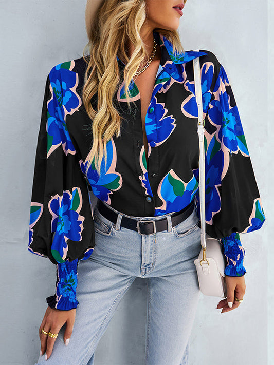 Long Sleeves Loose Buttoned Elasticity Flower Print Polo Blouses&Shirts Tops