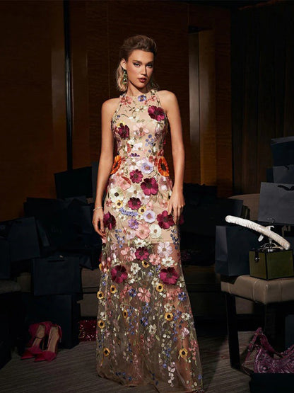 Saige Sleeveless Mesh Flower Maxi Dress In Blush