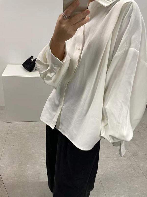 Loose Wrap Buttoned Pleated Solid Color Lapel Blouses&Shirts Tops