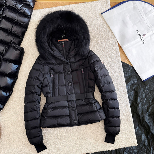 Moncler 2025 Grenoble 'Beverley' Hooded Shearling-trimmed Ski Black Down Jacket