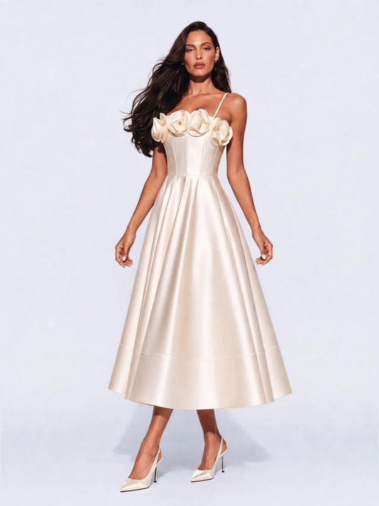 Kaia 3D Floral Satin Camisole Midi Dress In Apricot