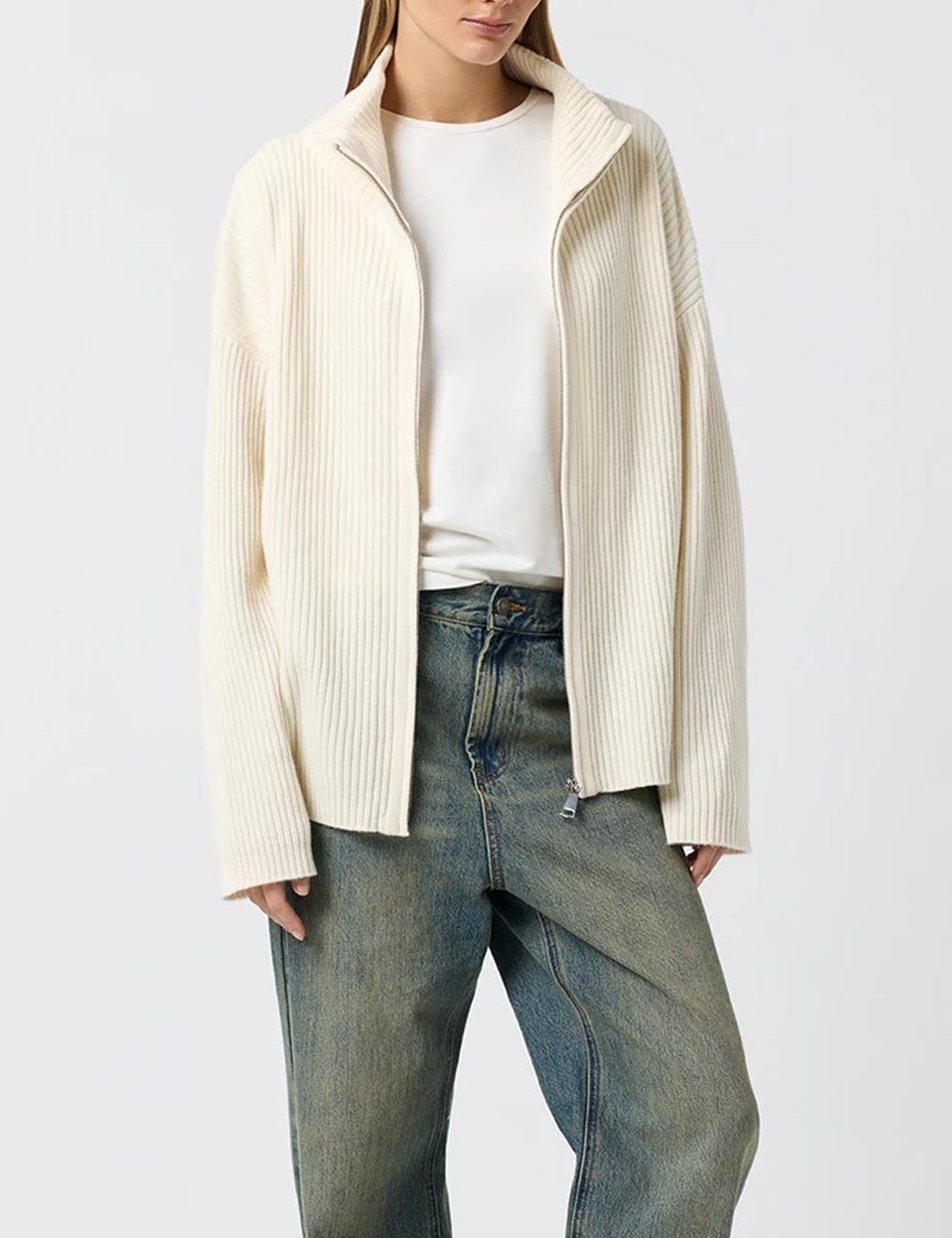 Simple Ribbed Knit Mock Neck Zip Up Cardigan