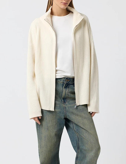 Simple Ribbed Knit Mock Neck Zip Up Cardigan