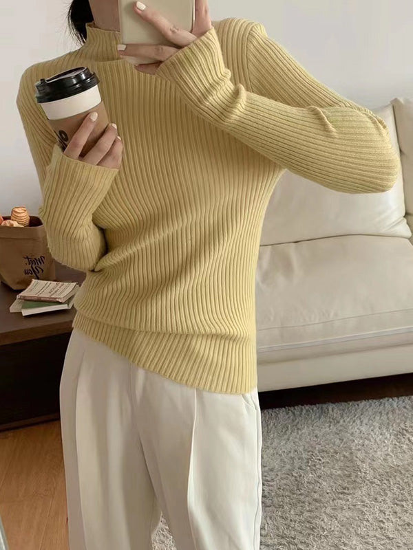 Long Sleeves Skinny Solid Color Mock Neck Knitwear Pullovers Sweater Tops