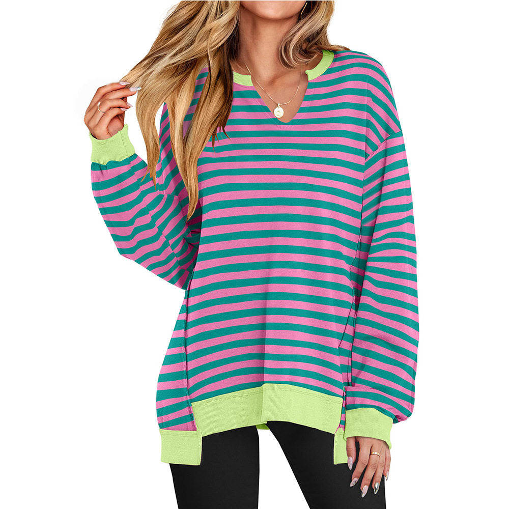 Color Striped V-Neck Loose Hoodie