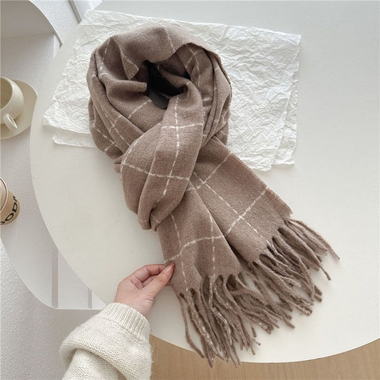 Color Block Plaid Fringe Scarf