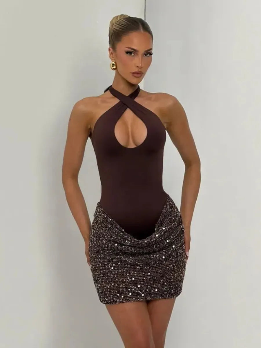 Evangeline Cross Halter Sequin Mini Dress