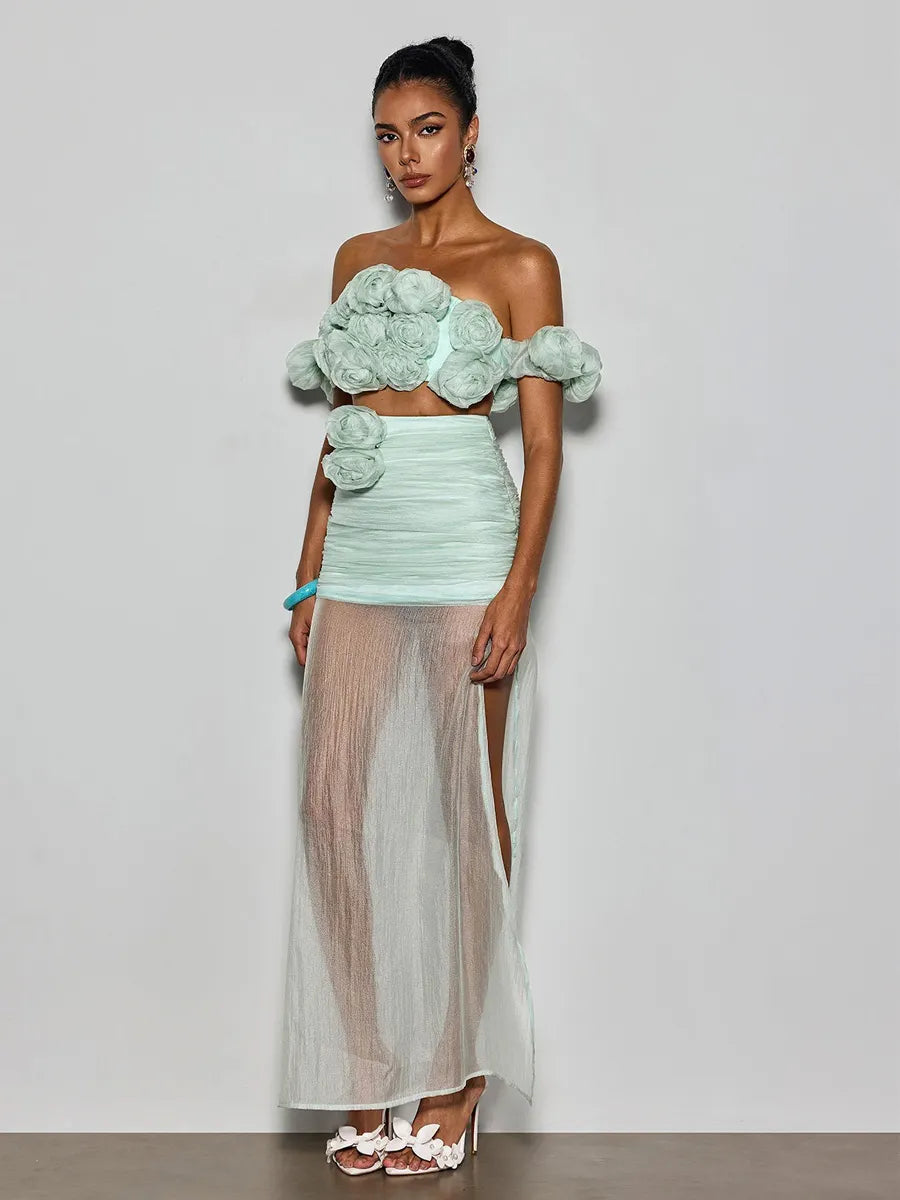 Peyton Off Shoulder Flower Mesh Skirt Set