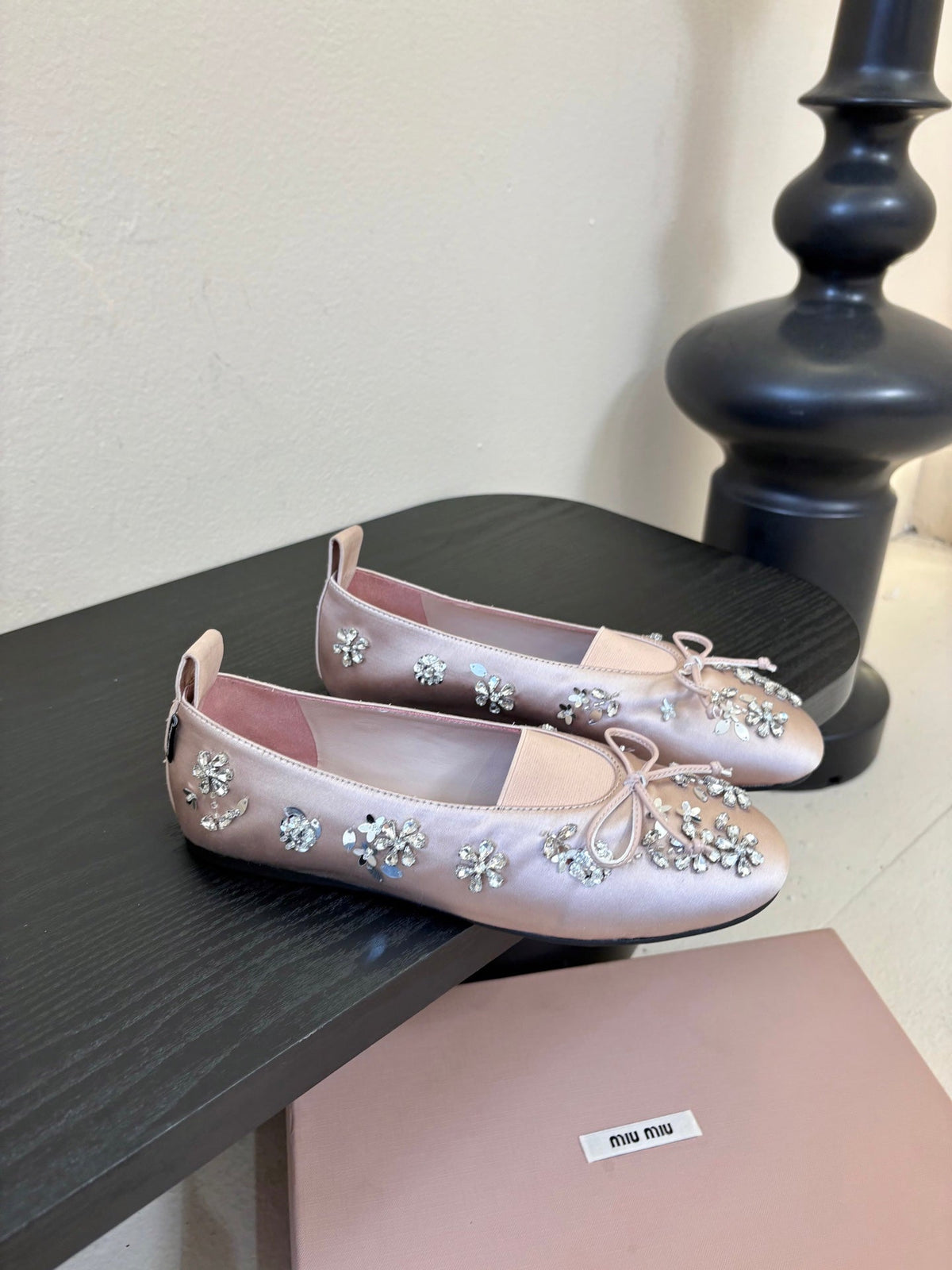 Miu Ballet Flat With Floral Crystal Light Pink Silk