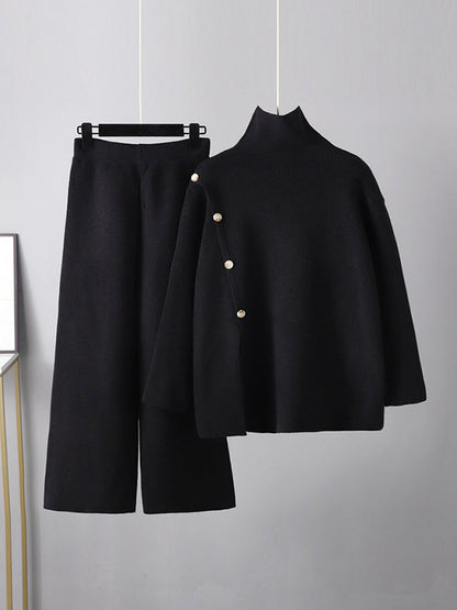 Urban Loose Buttoned Split-Front Solid Color High-Neck Sweater Tops &Wide Leg Pants Two Pieces Set