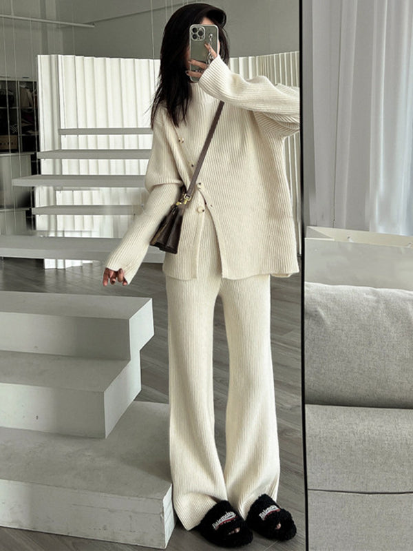 Casual Loose Solid Color Half Turtleneck Sweater Tops & Wide Leg Pants Suits