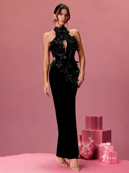 Clara Halterneck Flower Bandage Maxi Dress