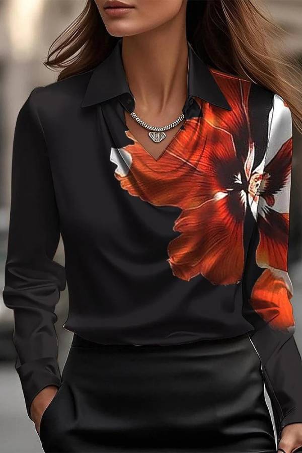 Temperamental Printed Simple Shirt Collar Ladies Top