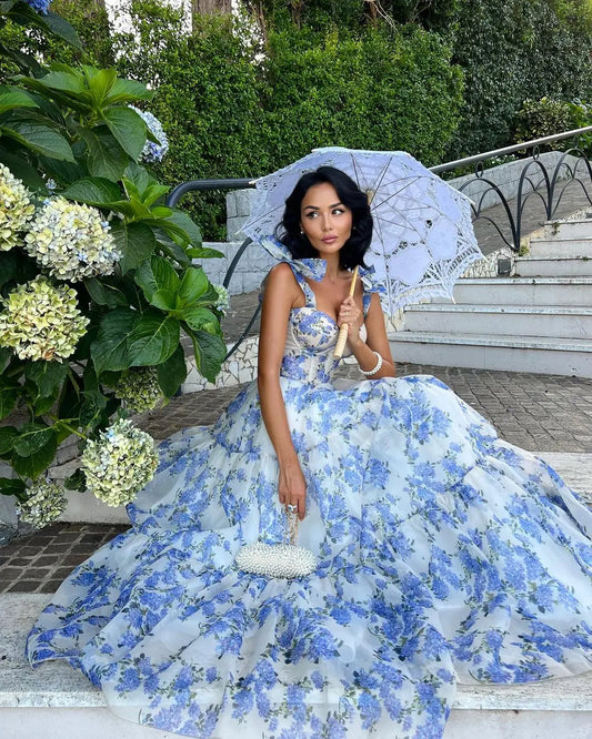 Floral Tie Strap Maxi Dress In Blue