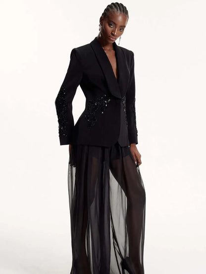 Penelope Sequin Embroidered Mesh Pants Set