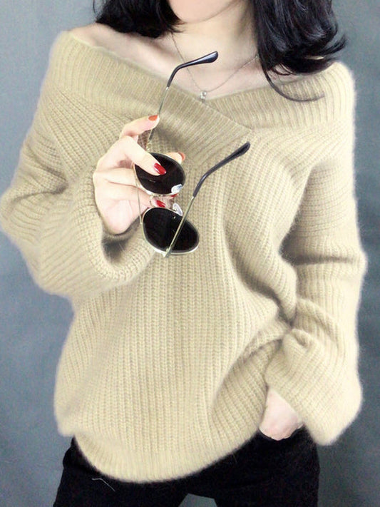 Loose Long Sleeves Solid Color V-Neck Sweater Tops