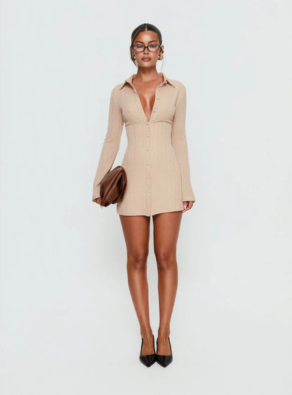 When You Sleep Long Sleeve Mini Dress Beige