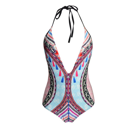 New Printed Color-Blocking Geometric One-Piece Swimsuit