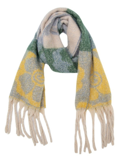 Scarvii - Retro Color-Block Fringe Scarf with Floral &amp; Leaf Patterns