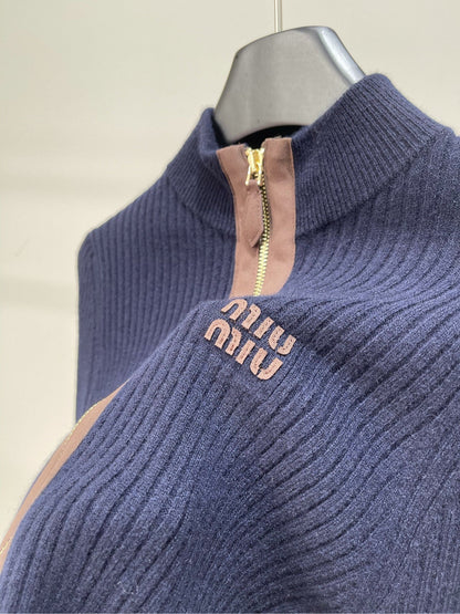 Miu Zipper Cardigan Navy Blue Sheep Wool 349754