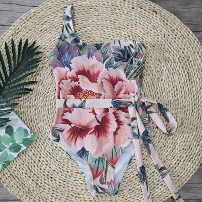 One Shoulder Floral One Piece Swimsuit Bandage For Women