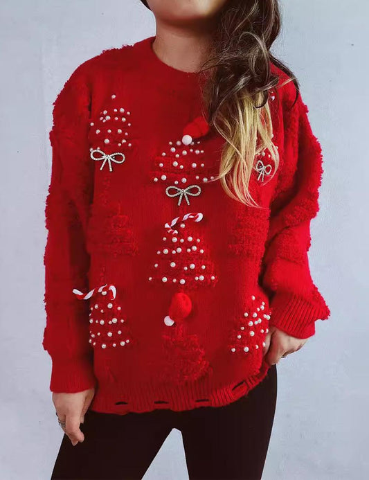 Solid Color Crew Neck Pearl Christmas Sweater