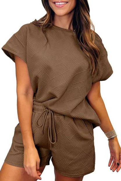 Women's Solid Textured Drawstring Shorts Set